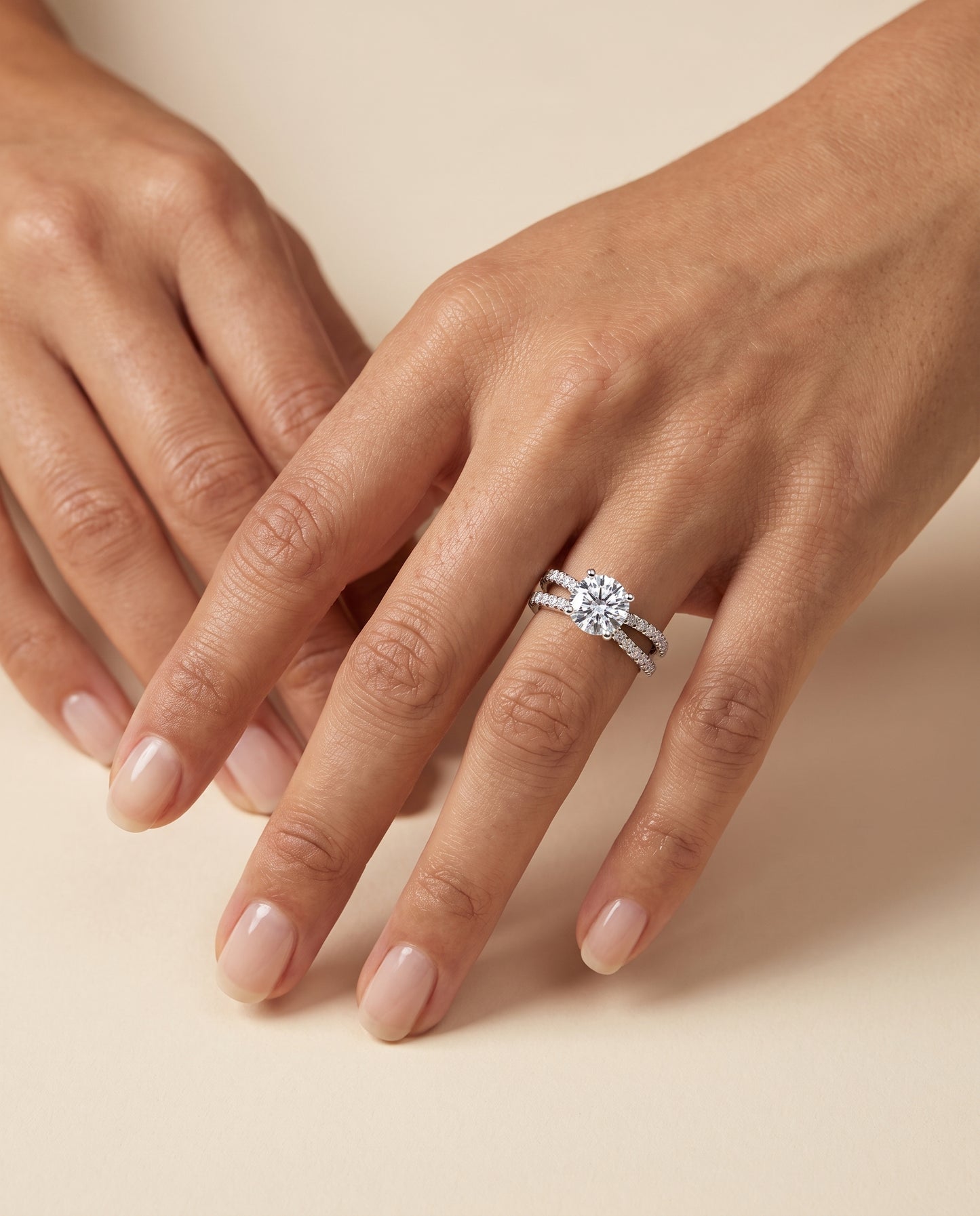 The Carole Two Row Pavé Split Shank Round Engagement Ring Setting in 18K White Gold
