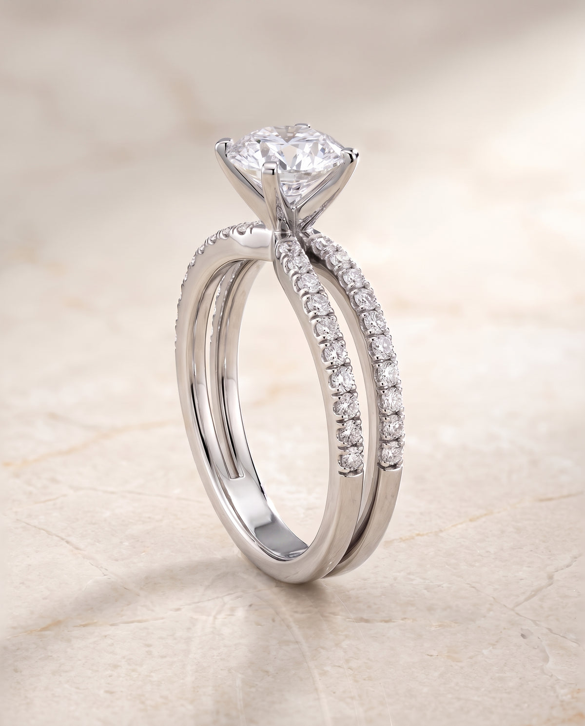 The Carole Two Row Pavé Split Shank Round Engagement Ring Setting in 18K White Gold