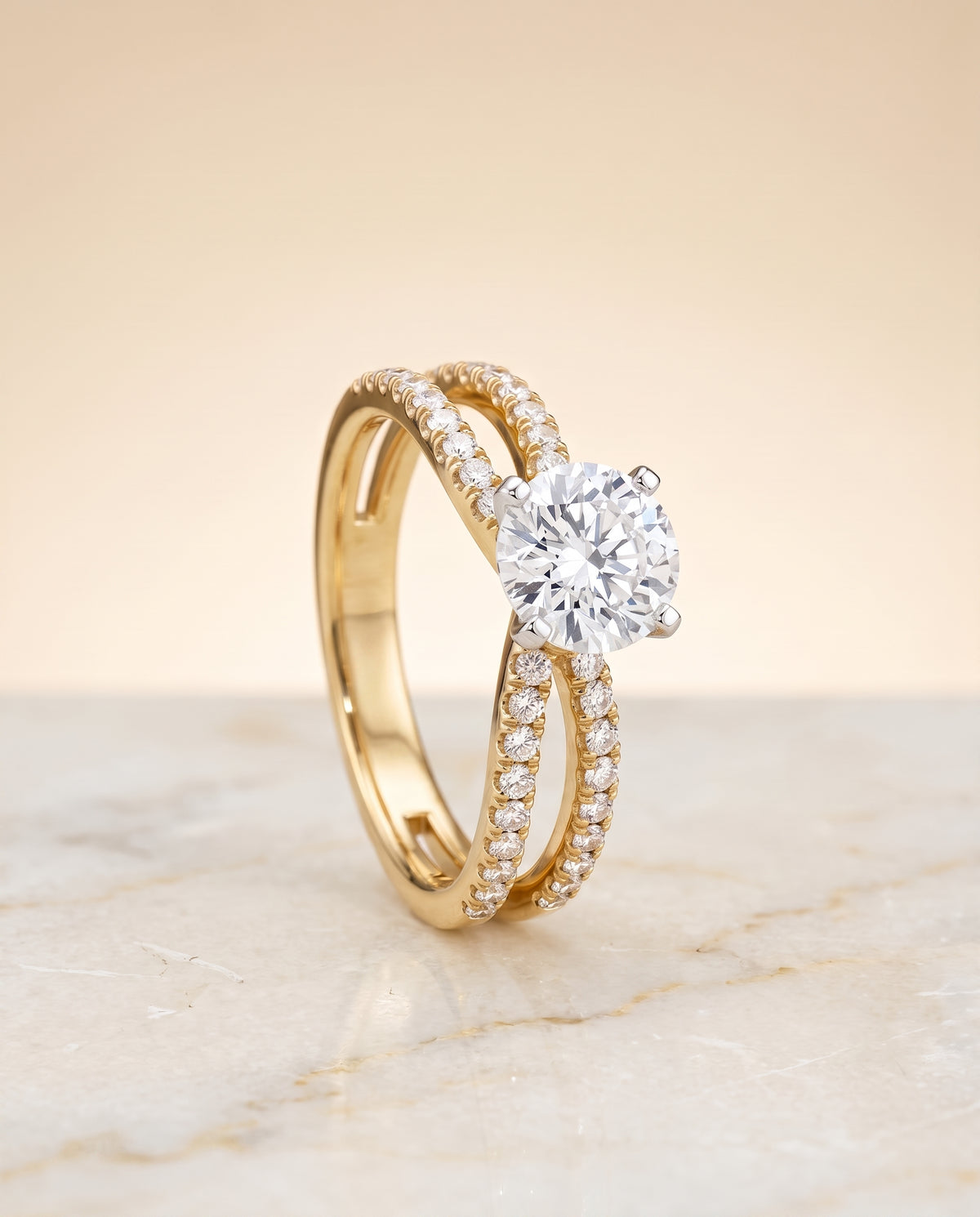 Two Row Pavé Split Shank styling on The Carole round engagement ring setting | RockHer