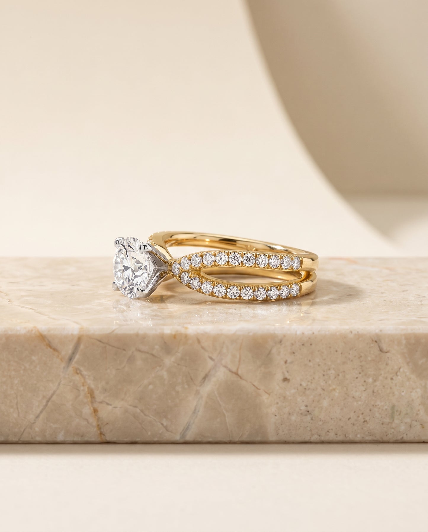 The Carole Two Row Pavé Split Shank Round Engagement Ring Setting in 18K Yellow Gold