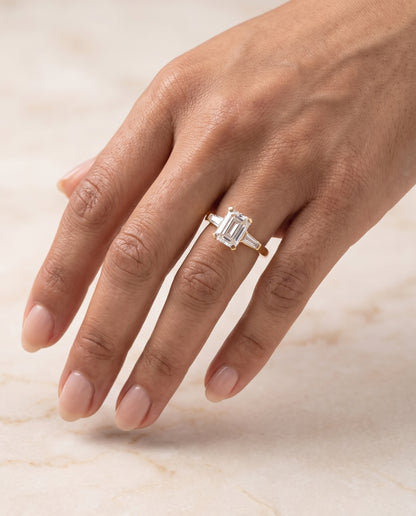 The Caroline Three Stone Emerald Cut Engagement Ring Setting in 18K Yellow Gold