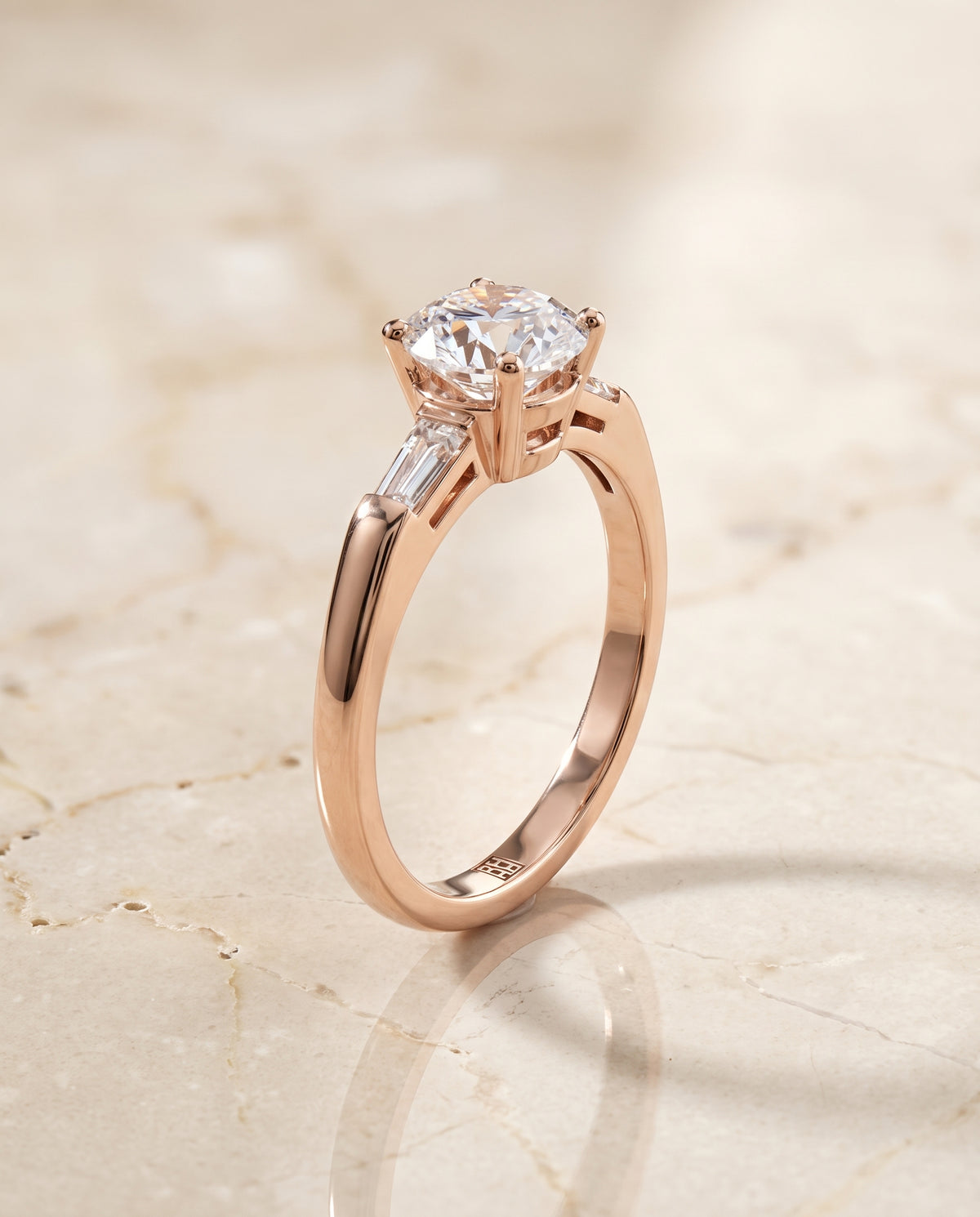 The Caroline Three Stone Round Engagement Ring Setting in 14K Rose Gold