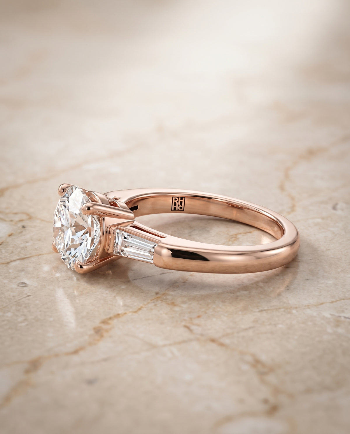 The Caroline Three Stone Round Engagement Ring Setting in 14K Rose Gold