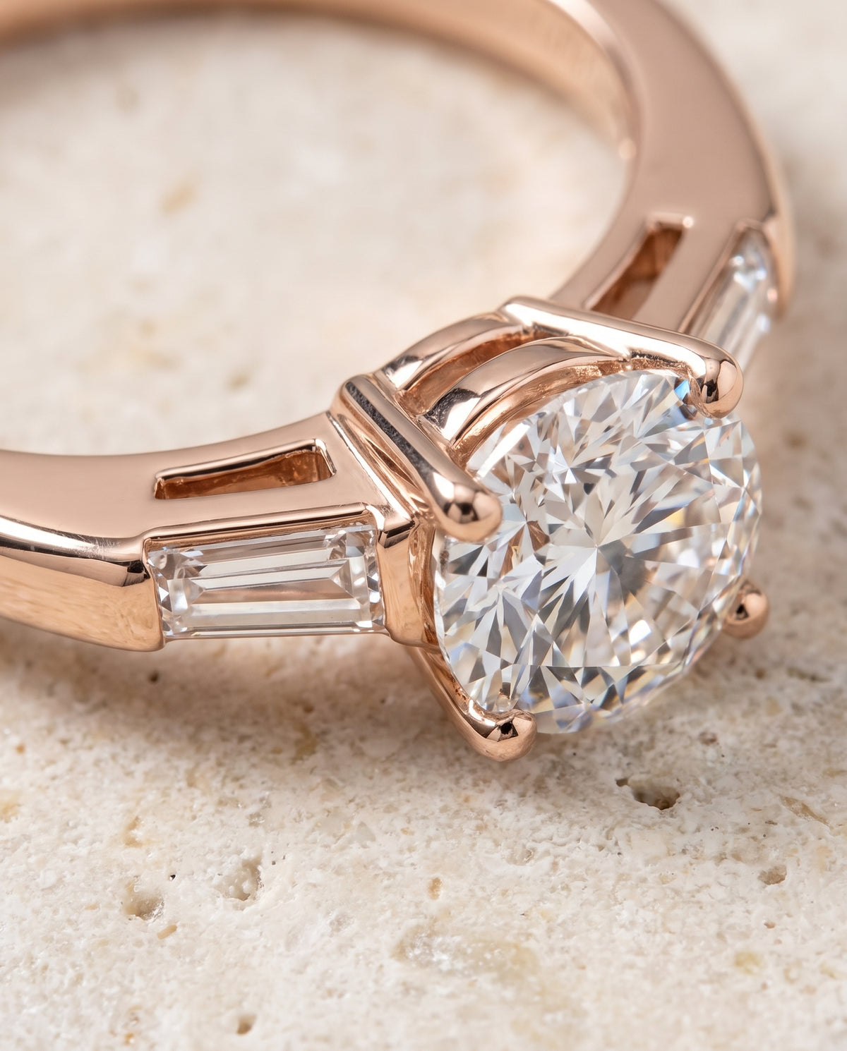 The Caroline Three Stone Round Engagement Ring Setting in 14K Rose Gold