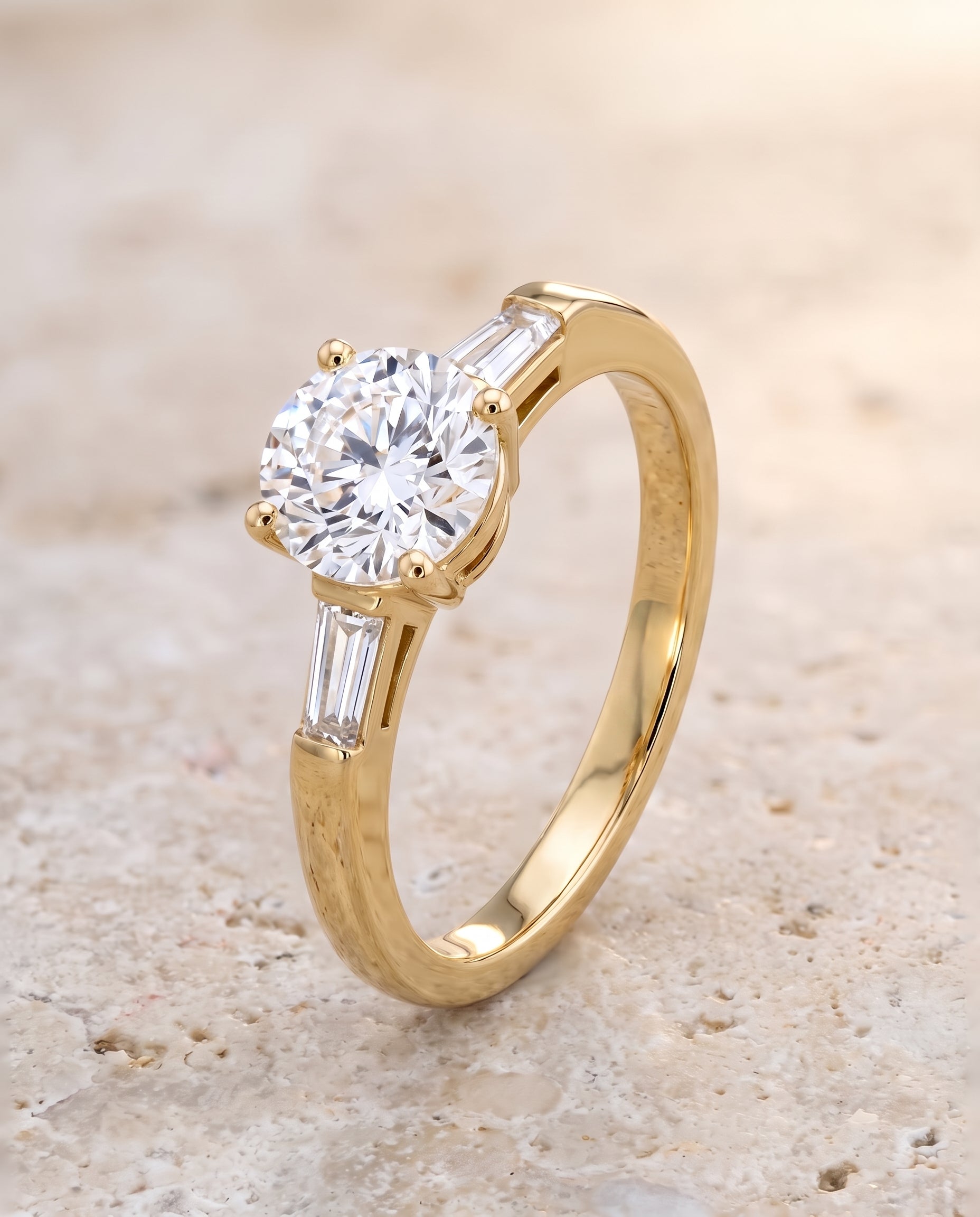 The Caroline Three Stone Round Engagement Ring Setting in 18K Yellow Gold