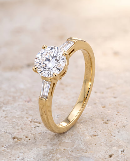 The Caroline Three Stone Round Engagement Ring Setting in 18K Yellow Gold