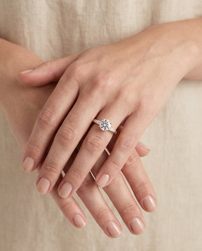 The Caroline Three Stone Round Engagement Ring Setting in 18K Yellow Gold