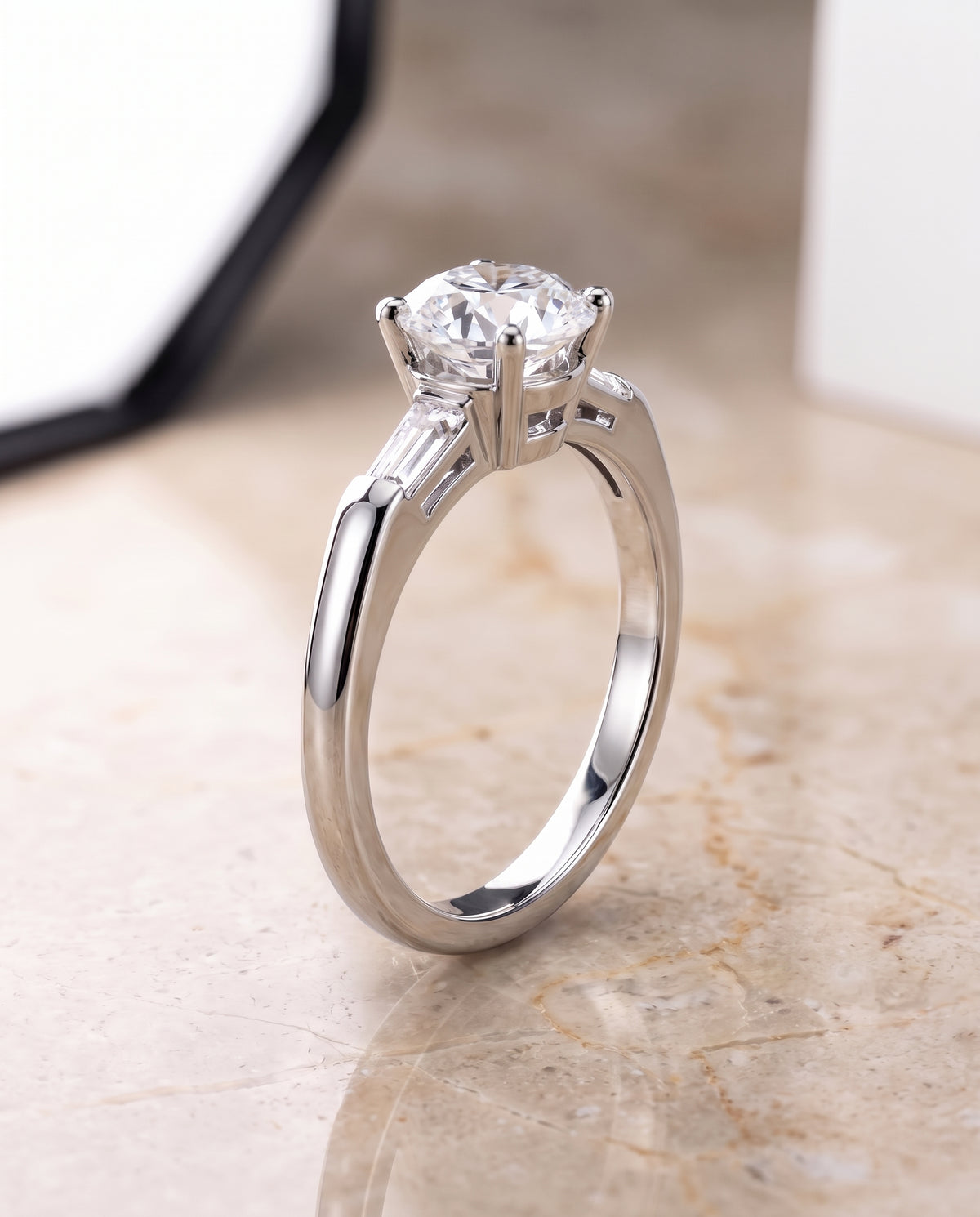 The Caroline Three Stone Round Engagement Ring Setting in 18K White Gold