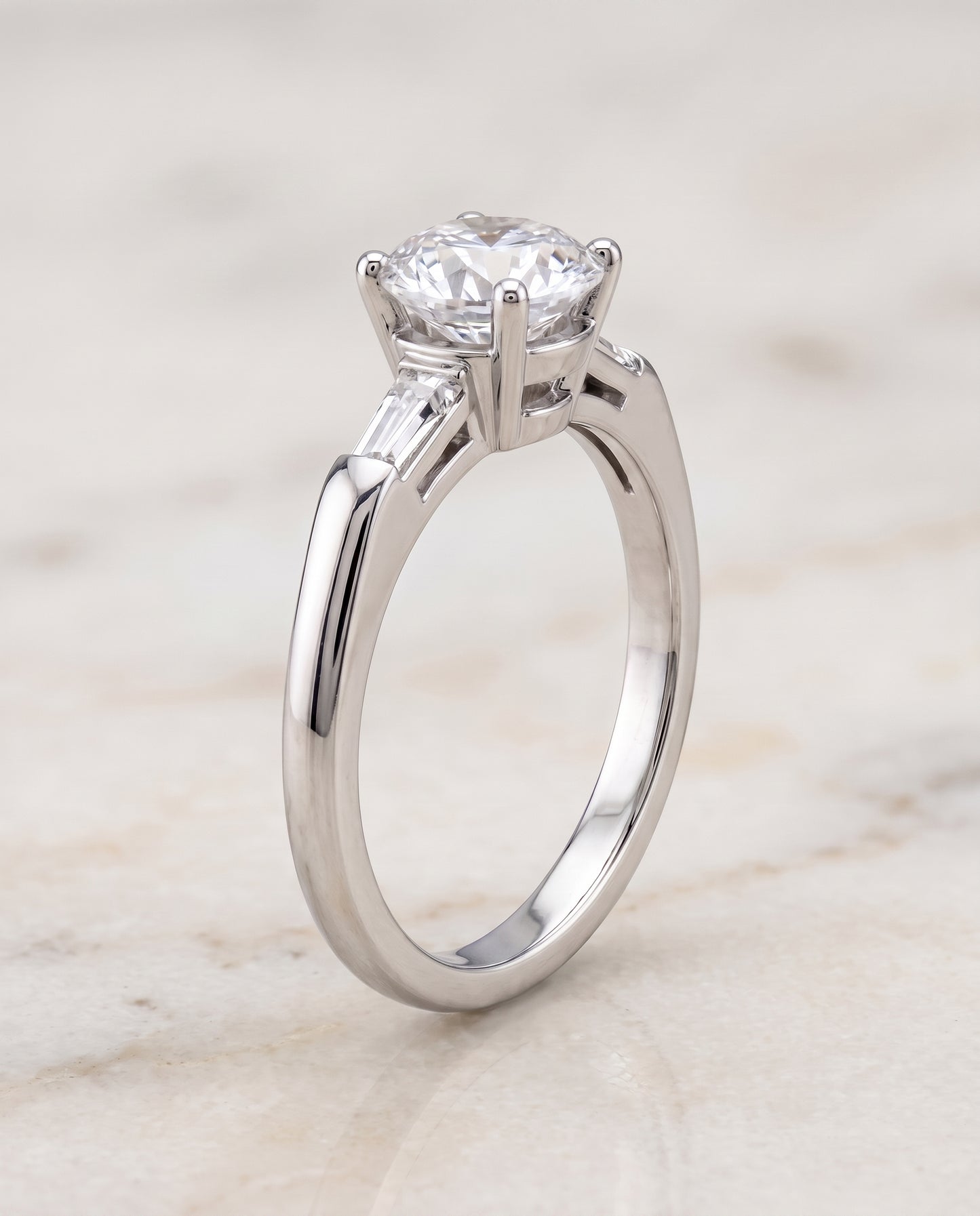 The Caroline Three Stone Round Engagement Ring Setting in 18K White Gold