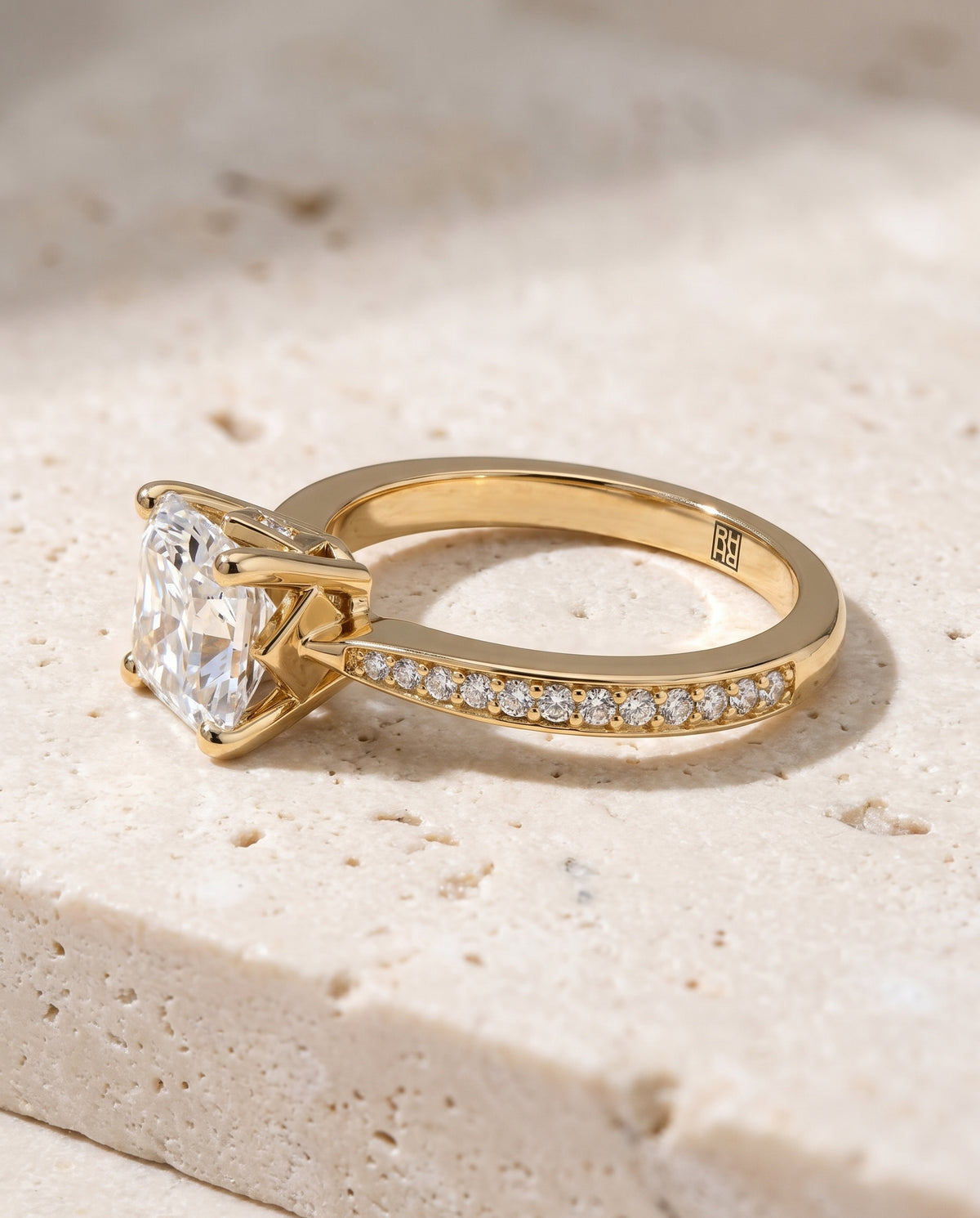 The Carrie Pavé Asscher Cut Engagement Ring Setting in 18K Yellow Gold