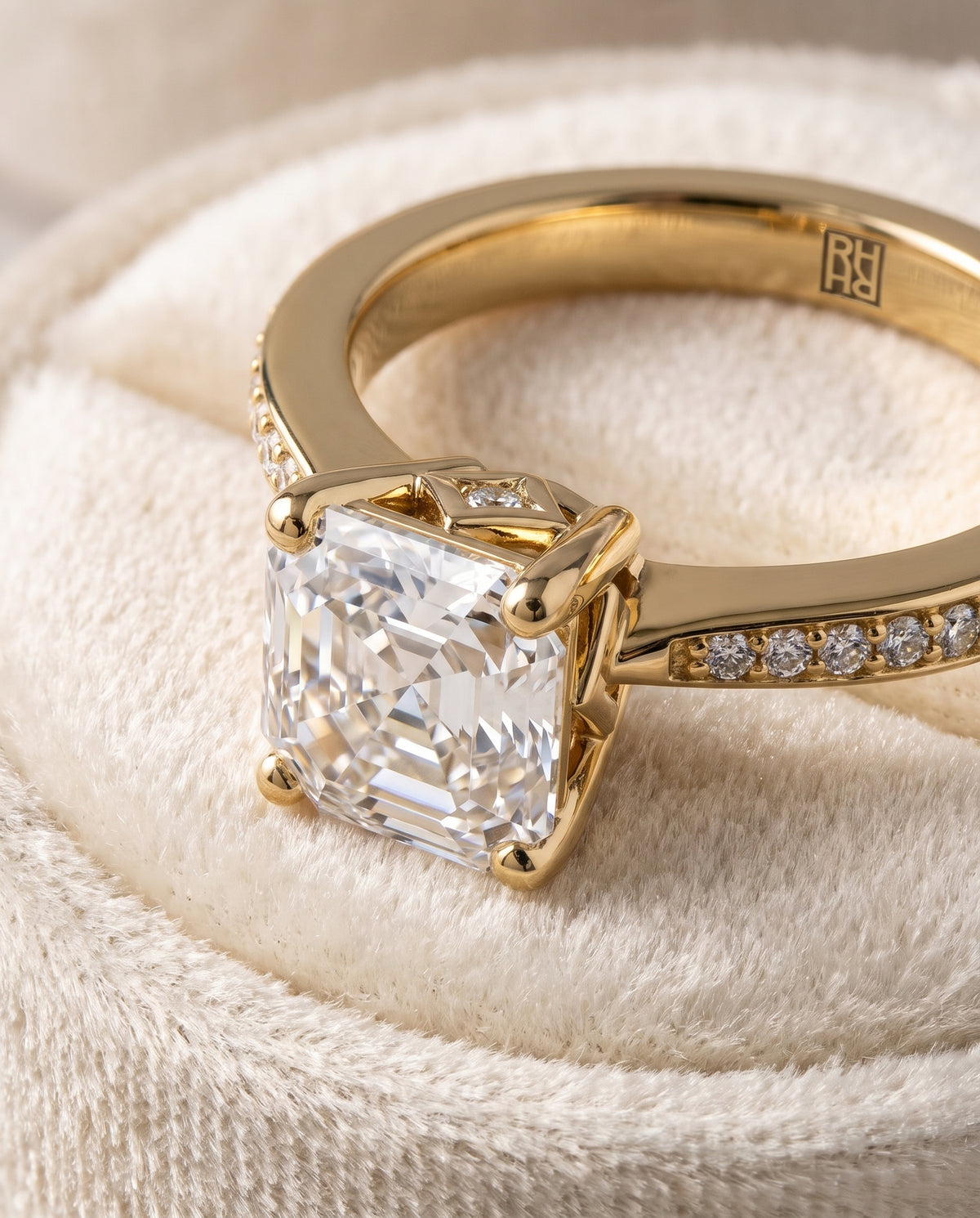 The Carrie Pavé Asscher Cut Engagement Ring Setting in 18K Yellow Gold