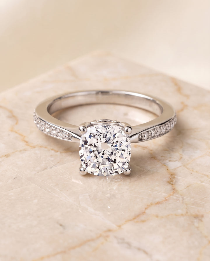The Carrie Pavé Cushion Cut Engagement Ring Setting in 18K White Gold