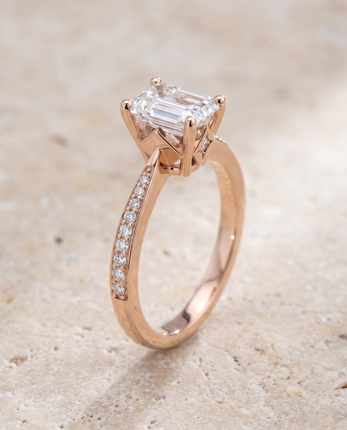 The Carrie Pavé Emerald Cut Engagement Ring Setting in 14K Rose Gold