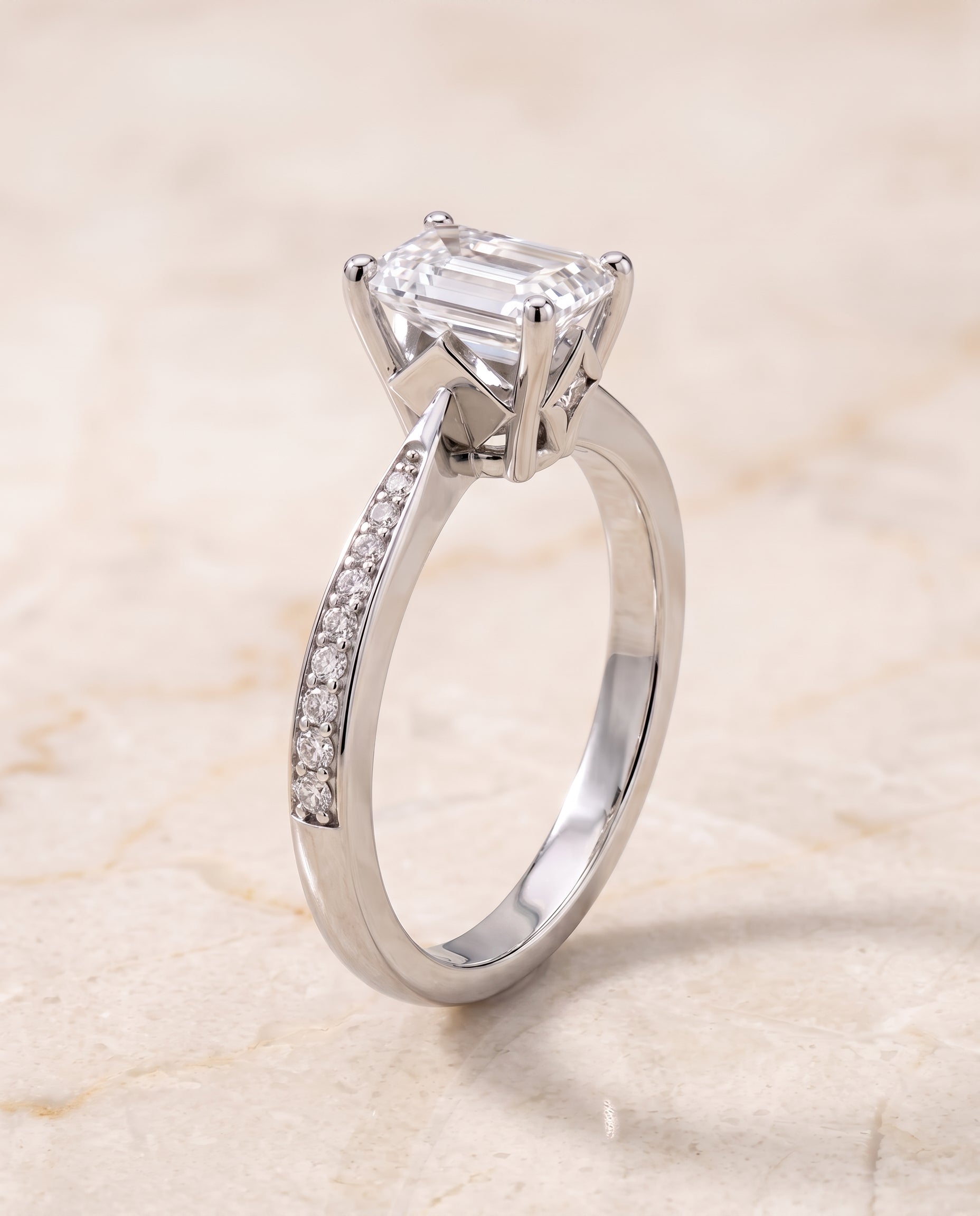 The Carrie Pavé Emerald Cut Engagement Ring Setting in 18K White Gold
