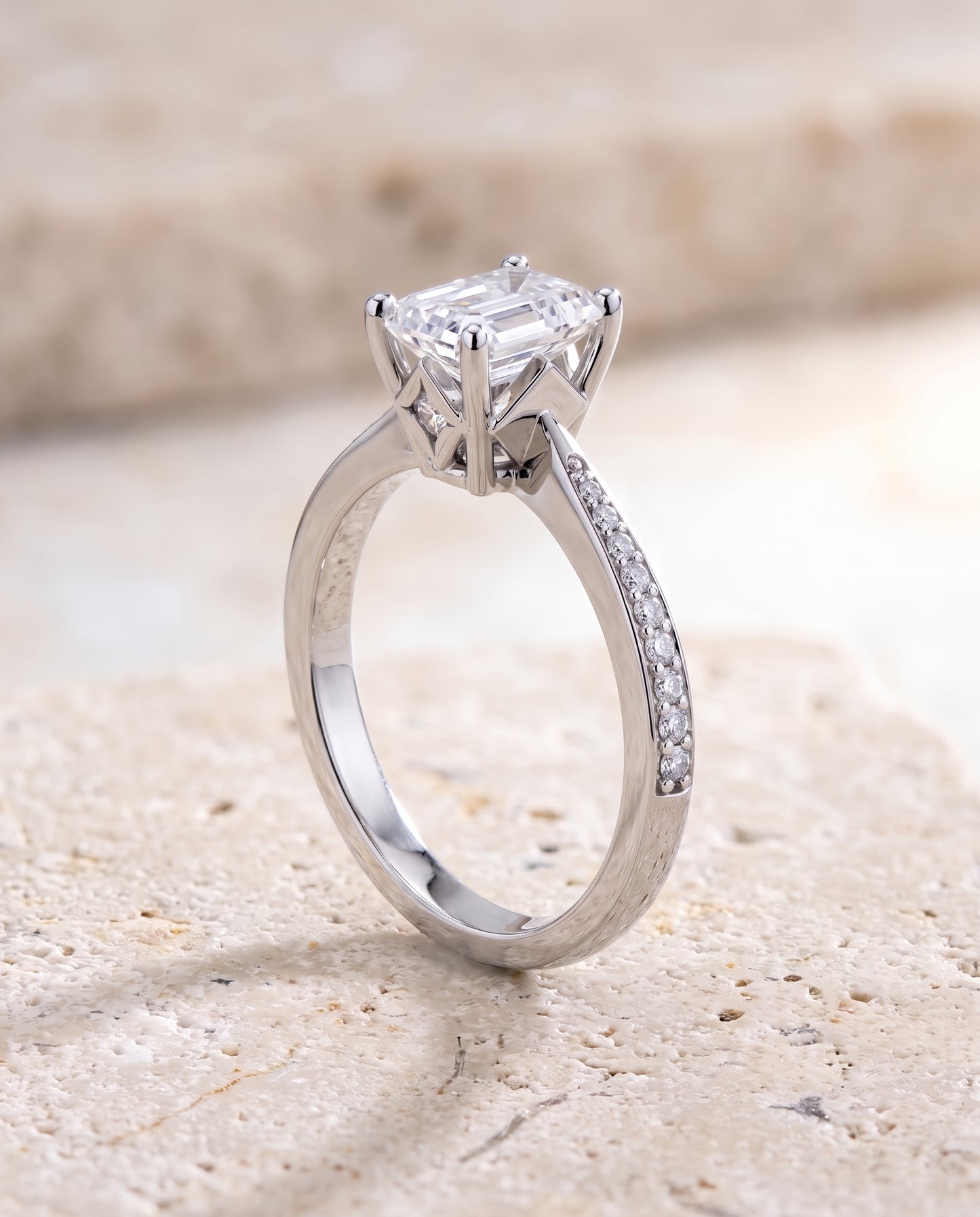 The Carrie Pavé Emerald Cut Engagement Ring Setting in 18K White Gold
