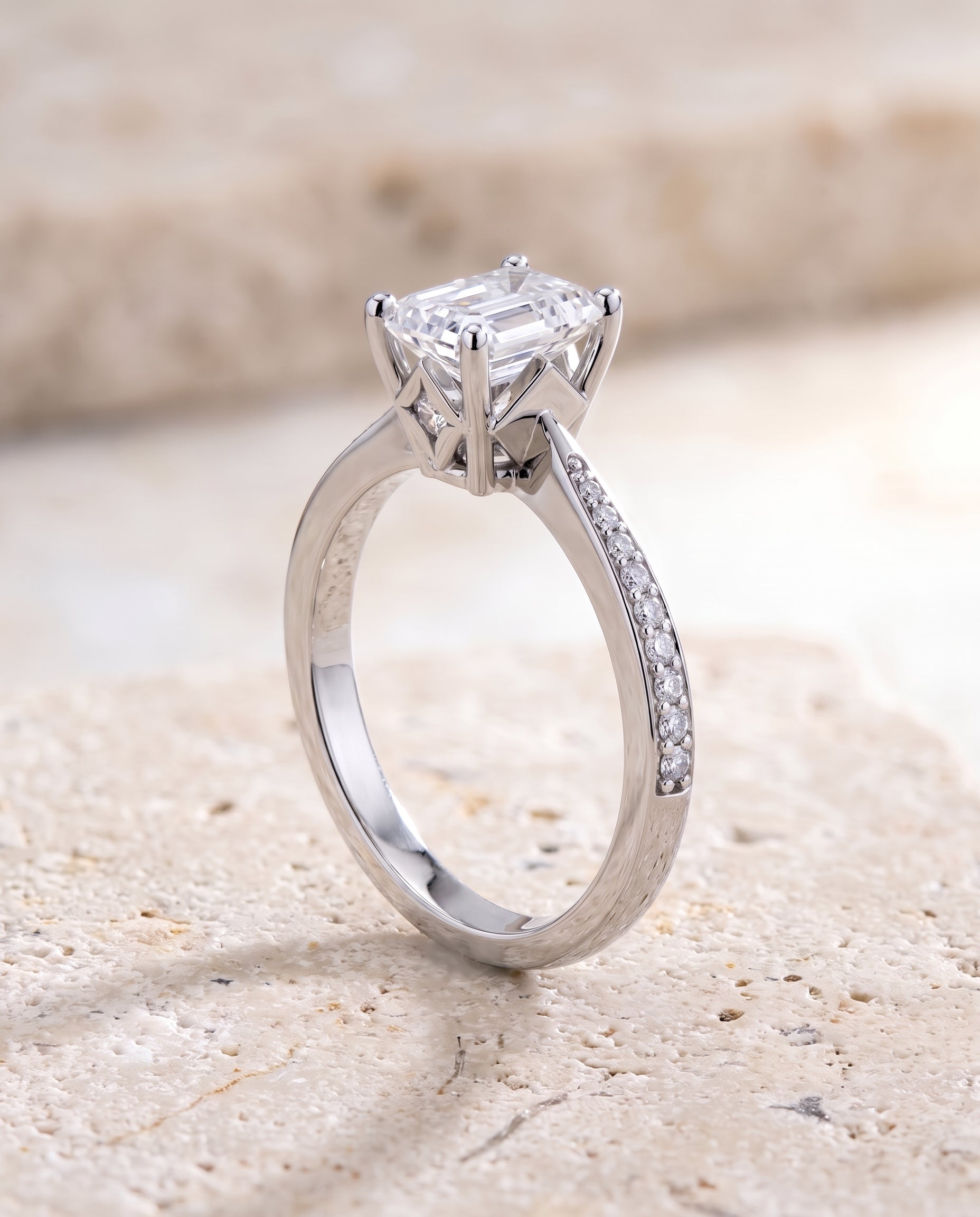 The Carrie Pavé Emerald Cut Engagement Ring Setting in 18K White Gold