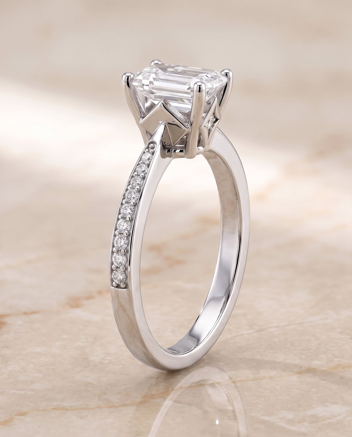 The Carrie Pavé Emerald Cut Engagement Ring Setting in 18K White Gold