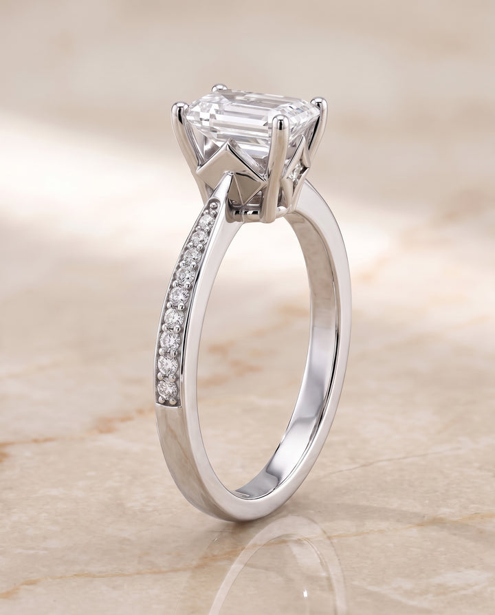 The Carrie Pavé Emerald Cut Engagement Ring Setting in 18K White Gold