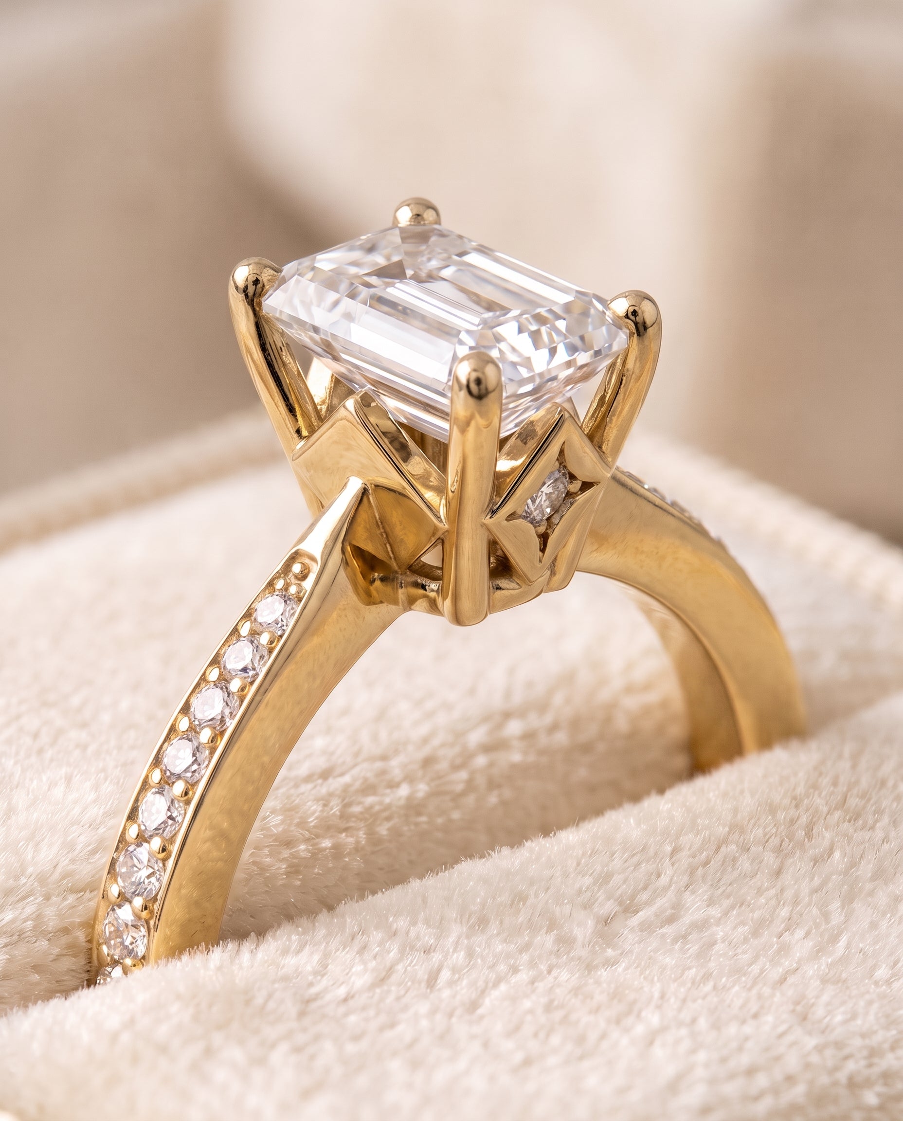 18K Yellow Gold band of The Carrie emerald engagement ring setting | RockHer