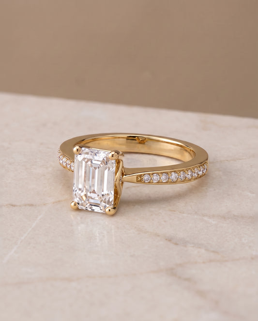 The Carrie Pavé Emerald Cut Engagement Ring Setting in 18K Yellow Gold