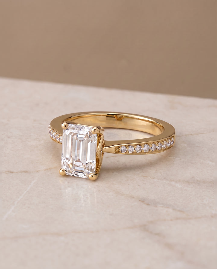 The Carrie Pavé Emerald Cut Engagement Ring Setting in 18K Yellow Gold