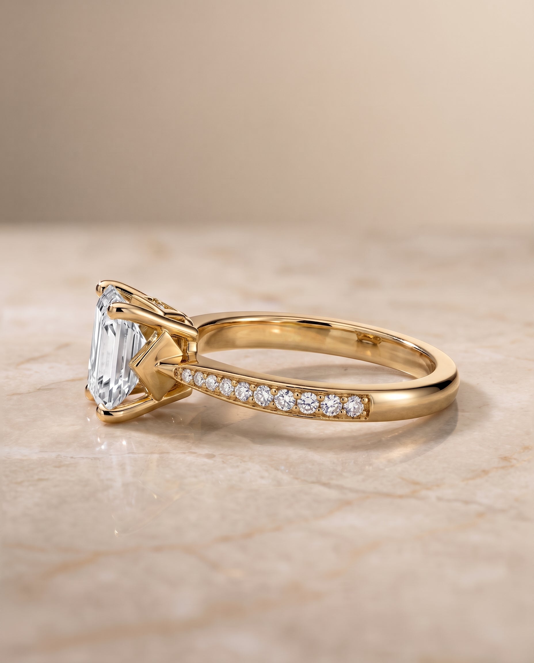 The Carrie setting for emerald diamonds, made to order in 18K Yellow Gold | RockHer