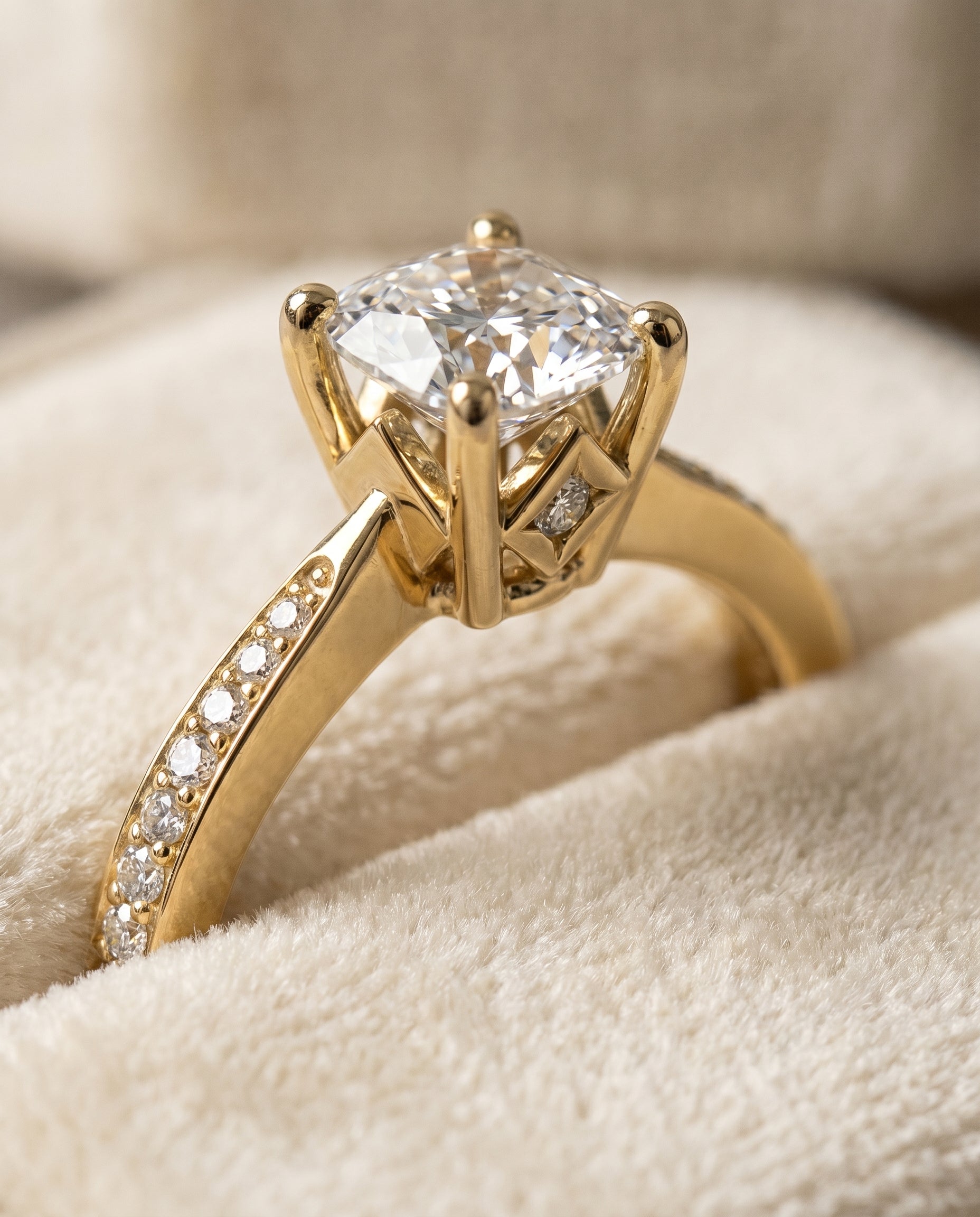 18K Yellow Gold band of The Carrie cushion engagement ring setting | RockHer