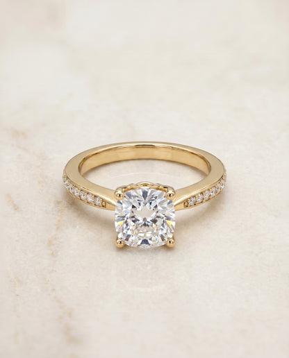 The Carrie Pavé Cushion Cut Engagement Ring Setting in 18K Yellow Gold