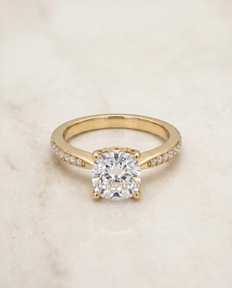 The Carrie Pavé Cushion Cut Engagement Ring Setting in 18K Yellow Gold