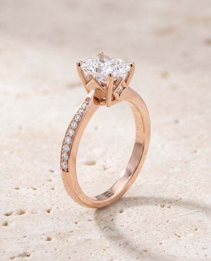 The Carrie Pavé Radiant Cut Engagement Ring Setting in 14K Rose Gold