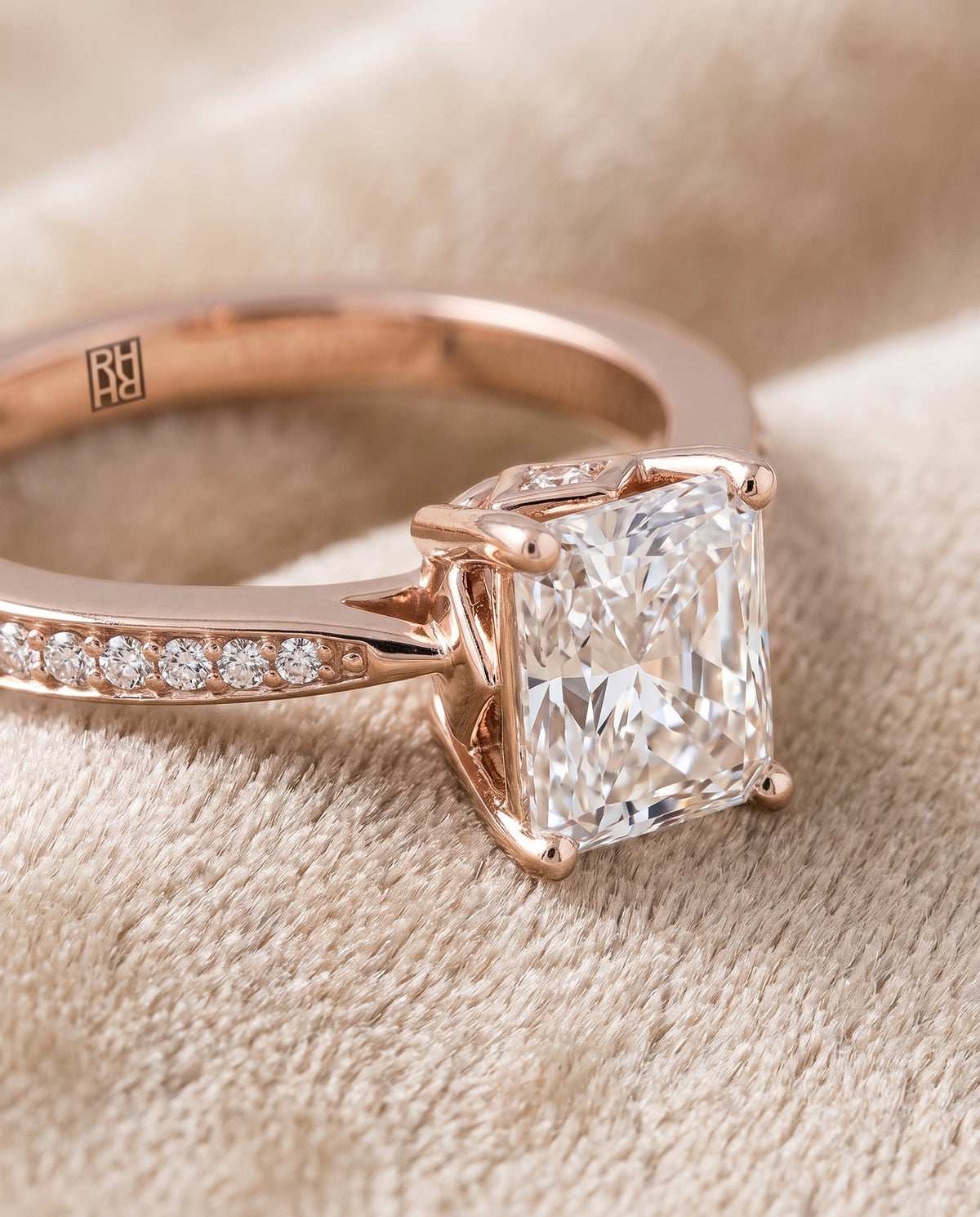 The Carrie Pavé Radiant Cut Engagement Ring Setting in 14K Rose Gold