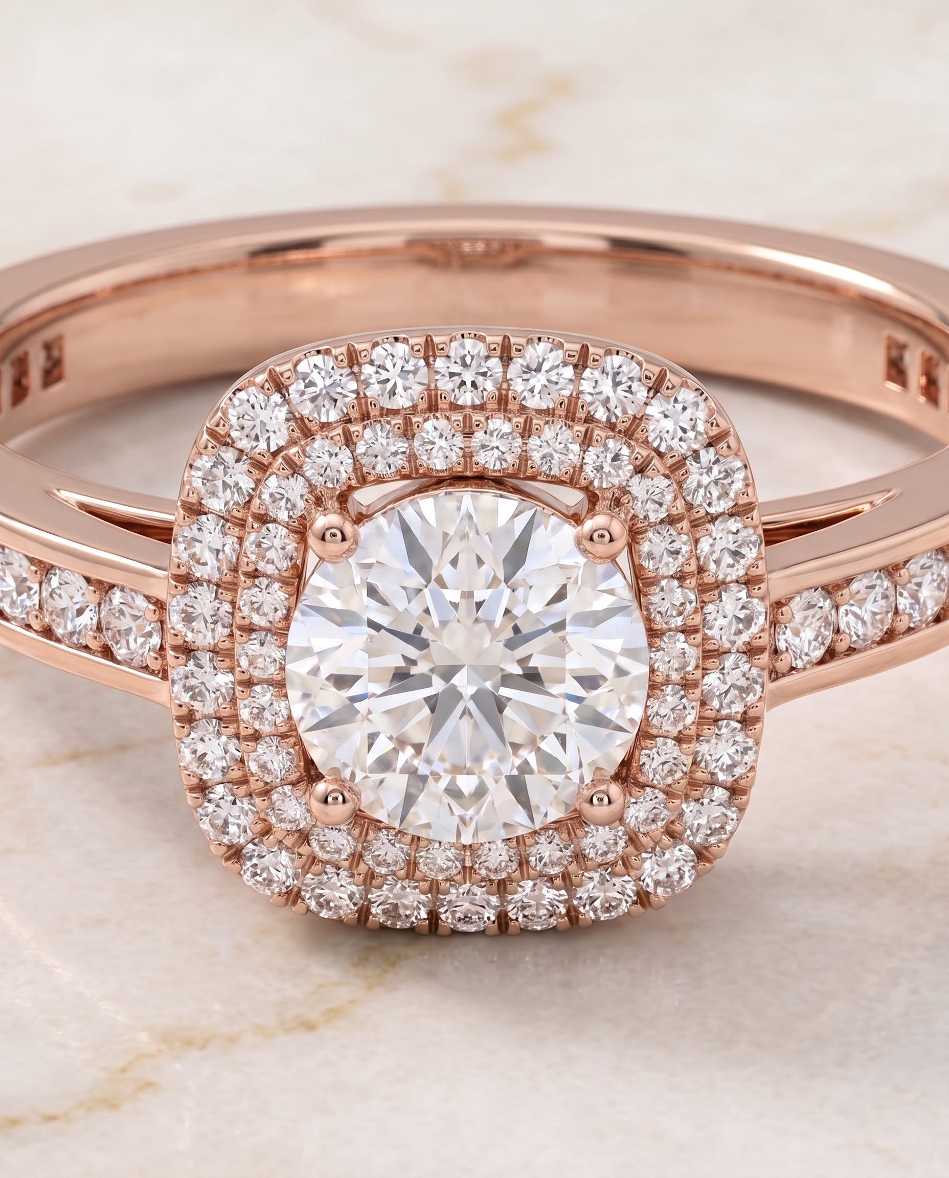 The Cecilia Double Halo Round Engagement Ring Setting in 14K Rose Gold