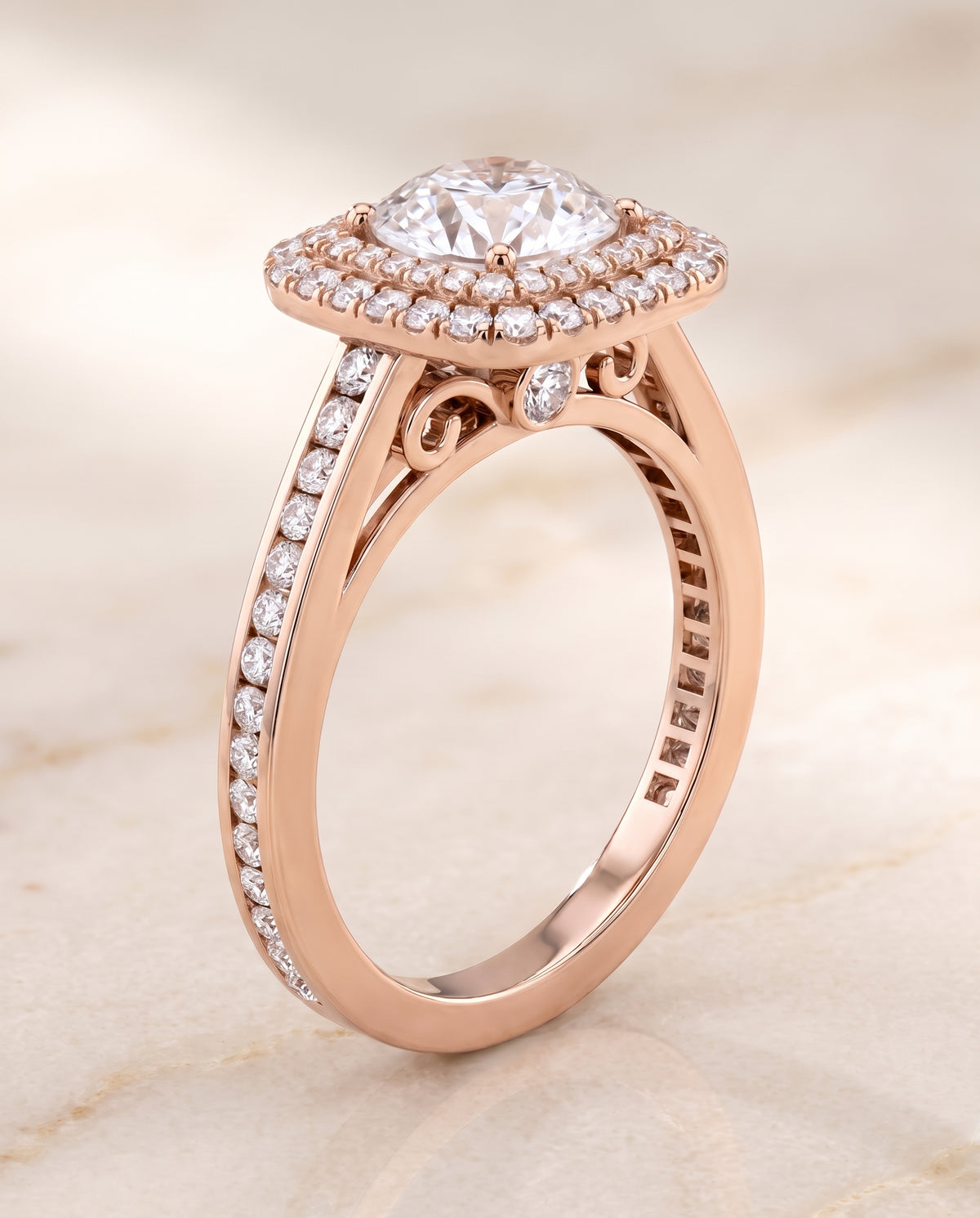 The Cecilia Double Halo Round Engagement Ring Setting in 14K Rose Gold