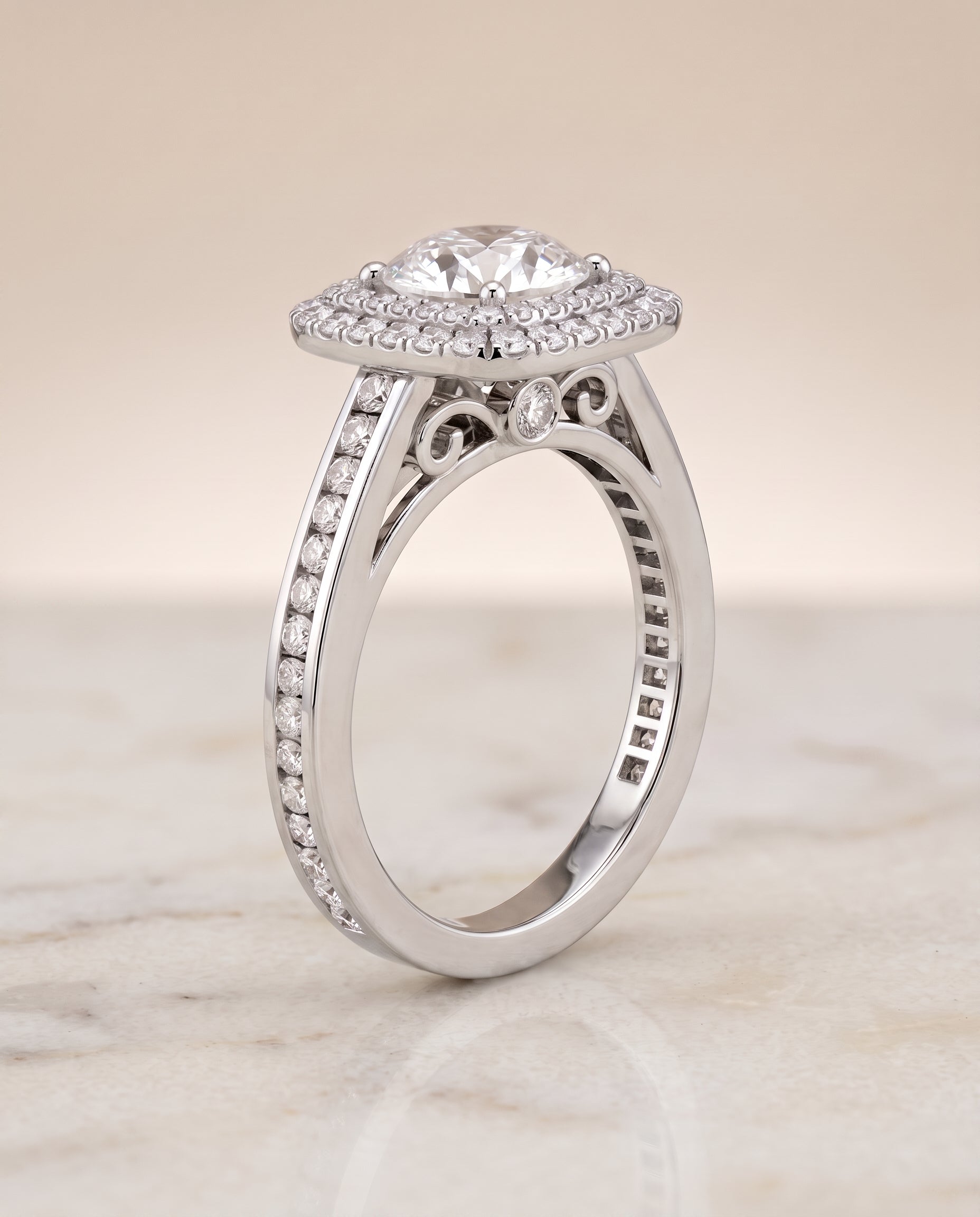 Double Halo styling on The Cecilia round engagement ring setting | RockHer