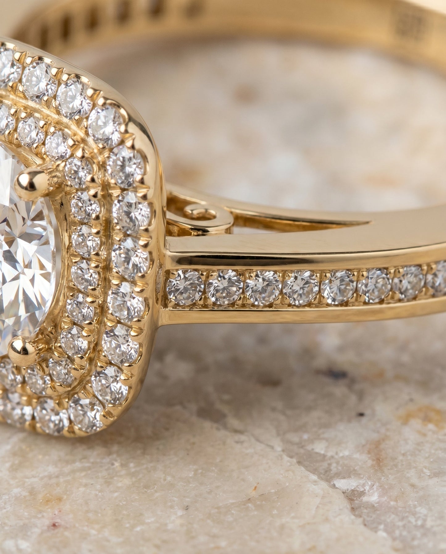 Cecilia Select Double Halo Round Lab Diamond Engagement Ring in 18K Yellow Gold, detail view | RockHer