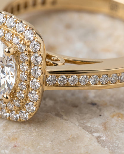 Cecilia Select Double Halo Round Lab Diamond Engagement Ring in 18K Yellow Gold, detail view | RockHer