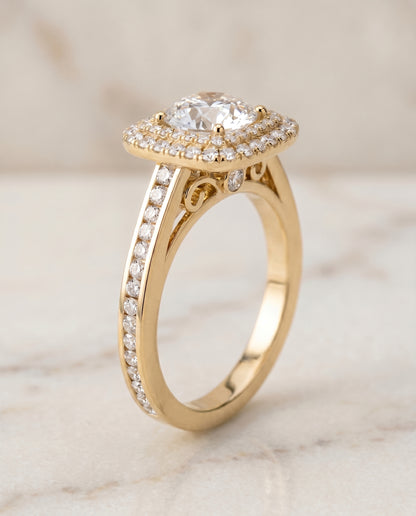 The Cecilia Double Halo Round Engagement Ring Setting in 18K Yellow Gold