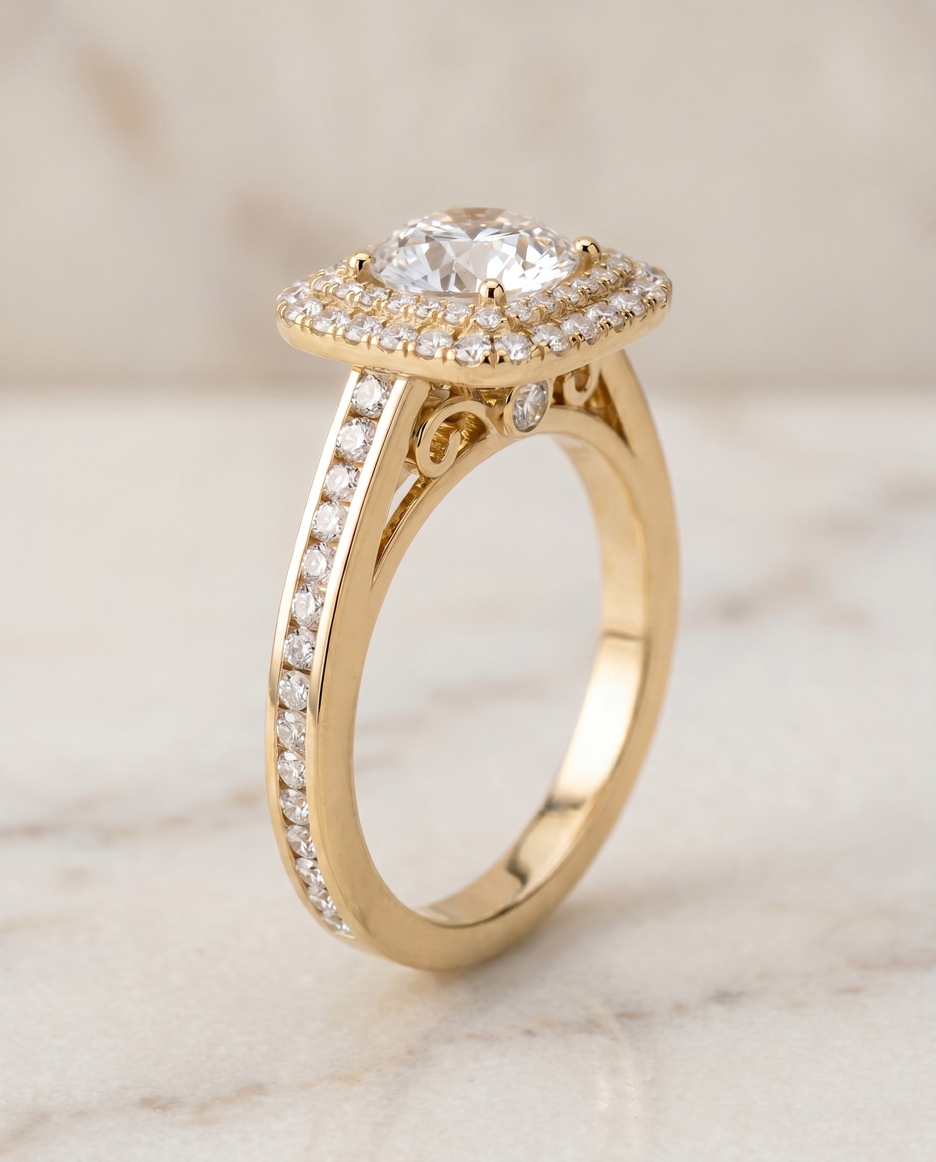 Cecilia Select Double Halo Round Lab Diamond Engagement Ring in 18K Yellow Gold, front view | RockHer
