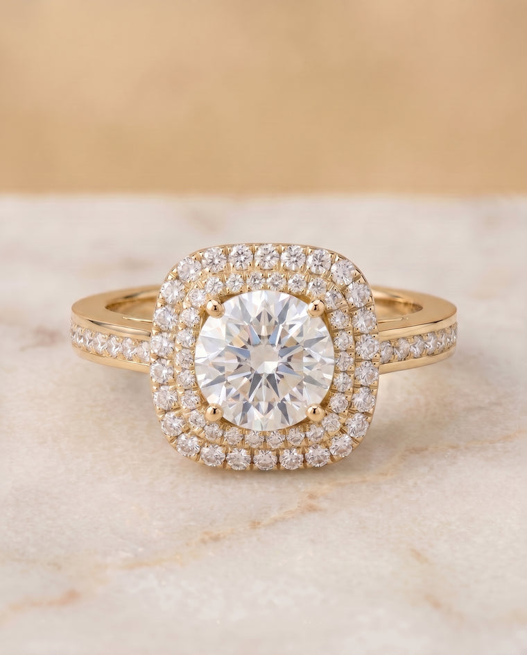 The Cecilia Double Halo Round Engagement Ring Setting in 18K Yellow Gold