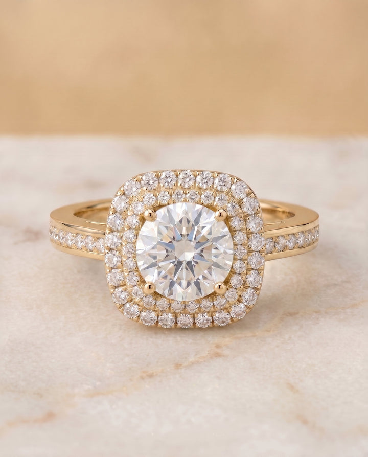 Cecilia Select Double Halo Round Lab Diamond Engagement Ring in 18K Yellow Gold, shown on hand, angled | RockHer