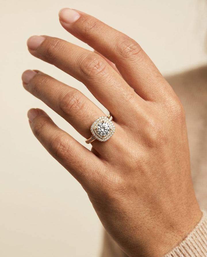 Cecilia Select Double Halo Round Lab Diamond Engagement Ring in 18K Yellow Gold, shown on hand | RockHer