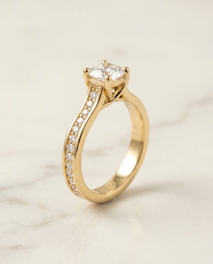The Celesta Channel Set Pavé Cushion Cut Engagement Ring Setting in 18K Yellow Gold