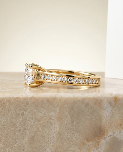 The Celesta Channel Set Pavé Cushion Cut Engagement Ring Setting in 18K Yellow Gold