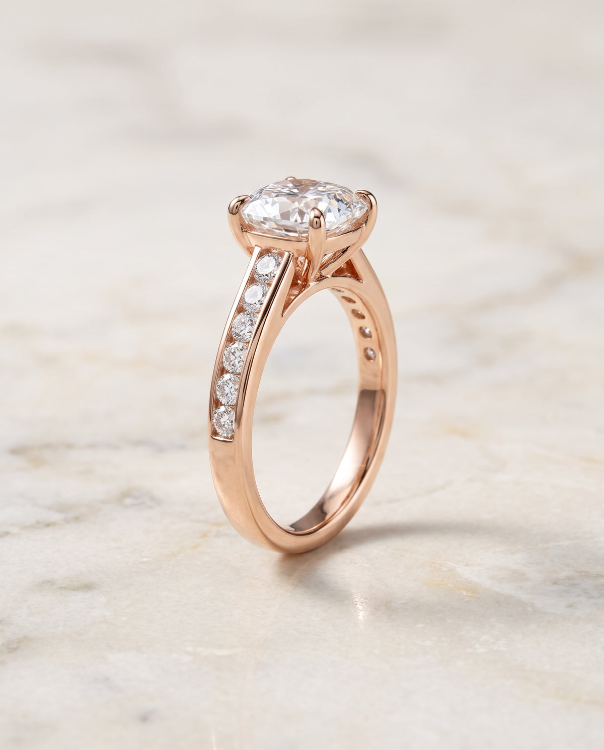 The Celesta Channel Set Pavé Cushion Cut Engagement Ring Setting in 14K Rose Gold