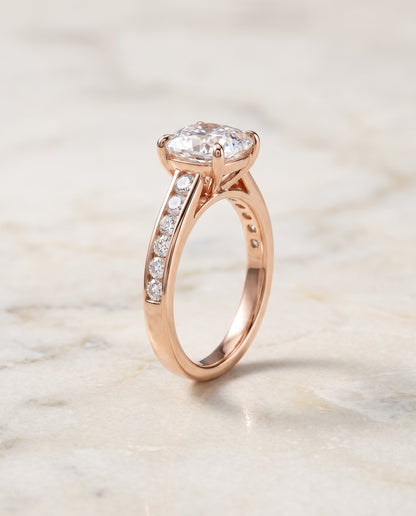 The Celesta Channel Set Pavé Cushion Cut Engagement Ring Setting in 14K Rose Gold