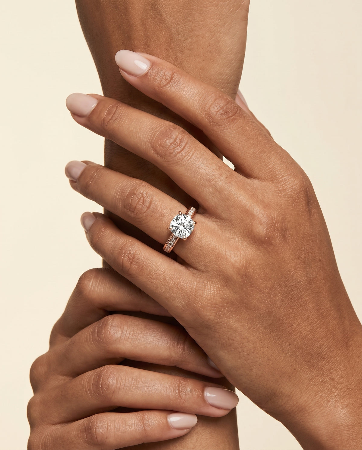 The Celesta Channel Set Pavé Cushion Cut Engagement Ring Setting in 14K Rose Gold