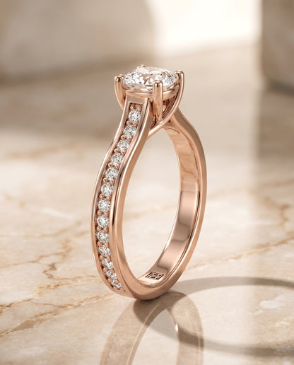 The Celesta Channel Set Pavé Cushion Cut Engagement Ring Setting in 14K Rose Gold