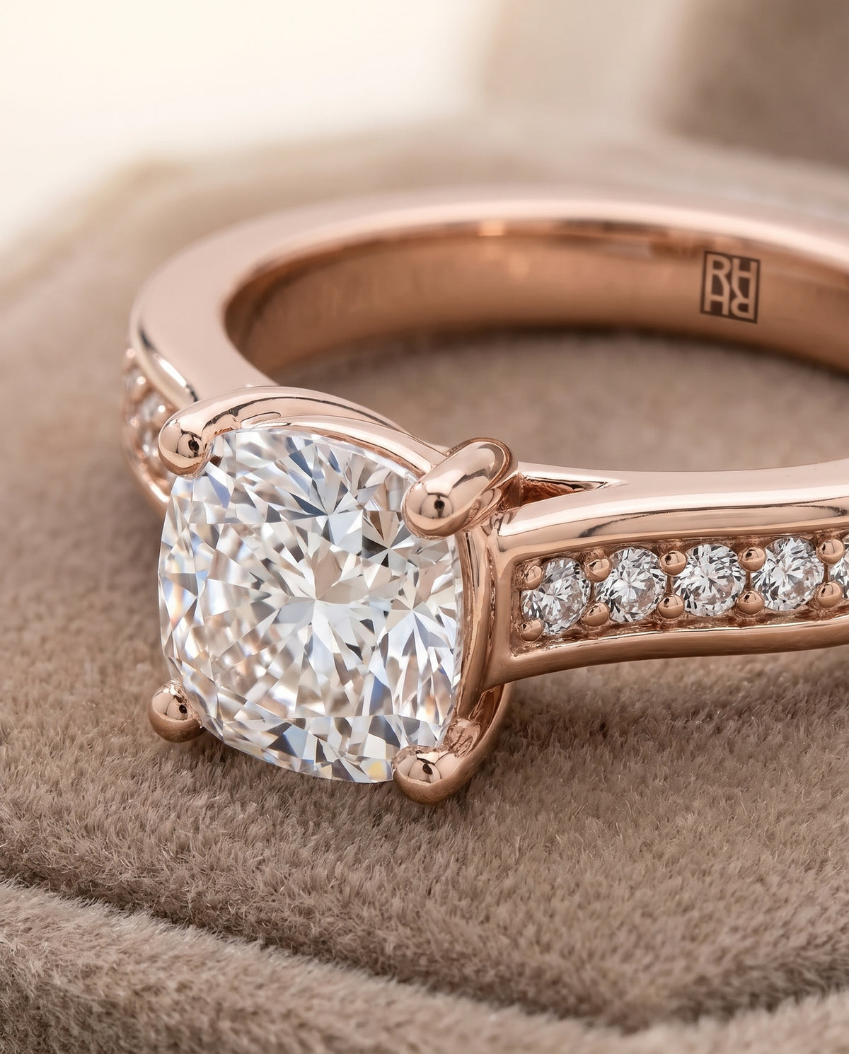 The Celesta Channel Set Pavé Cushion Cut Engagement Ring Setting in 14K Rose Gold
