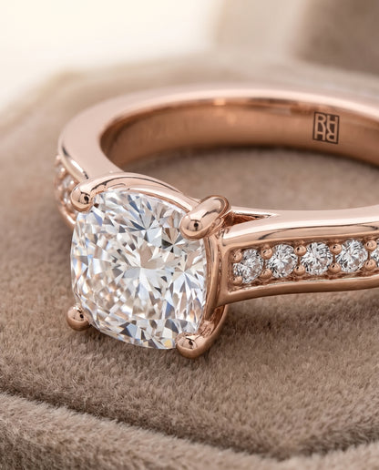The Celesta Channel Set Pavé Cushion Cut Engagement Ring Setting in 14K Rose Gold