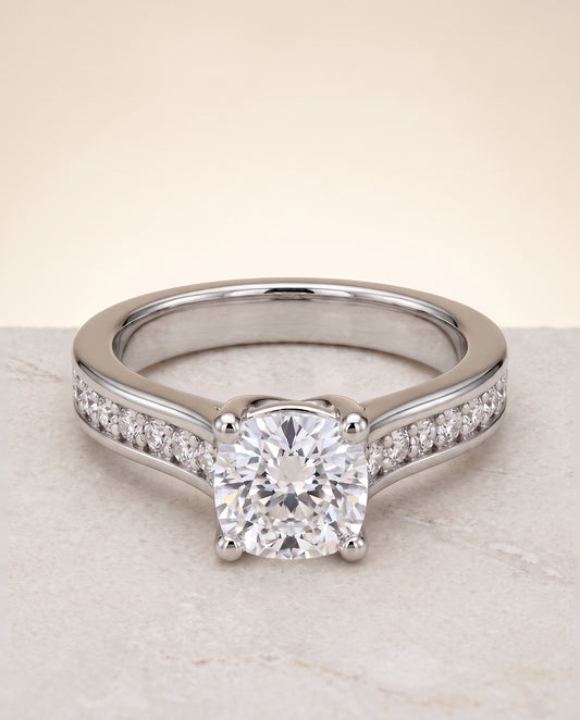 The Celesta Channel Set Pavé Cushion Cut Engagement Ring Setting in 18K White Gold